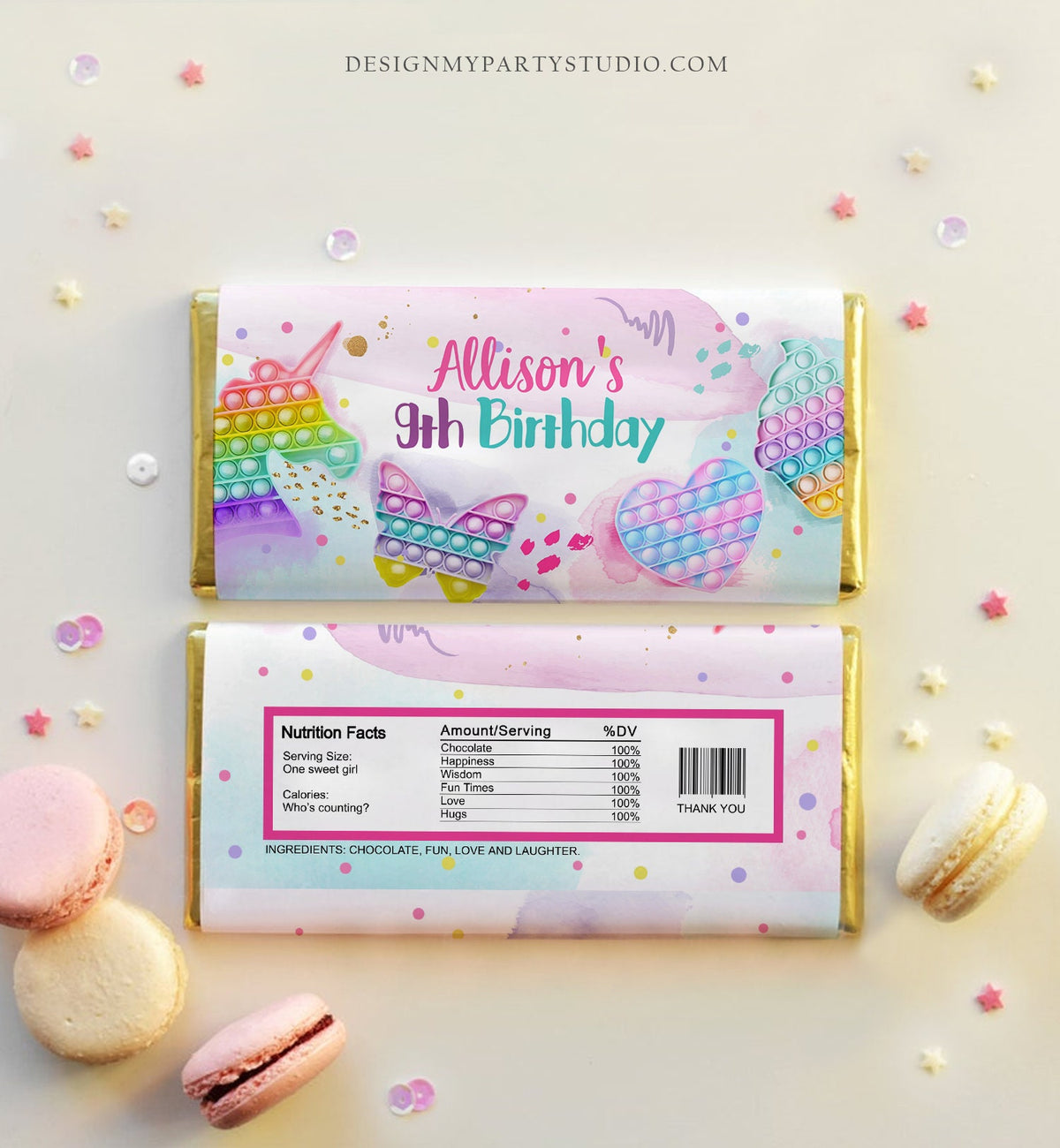 Editable Pop It Candy Bar Wrapper Fidget Chocolate Bar Labels Pop It Label Pop It Birthday Rainbow Download Corjl Template Printable 0422