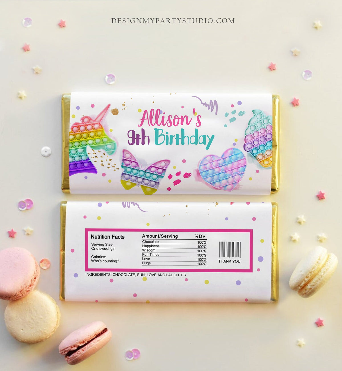 Editable Pop It Candy Bar Wrapper Fidget Chocolate Bar Labels Pop It Label Pop It Birthday Rainbow Download Corjl Template Printable 0422
