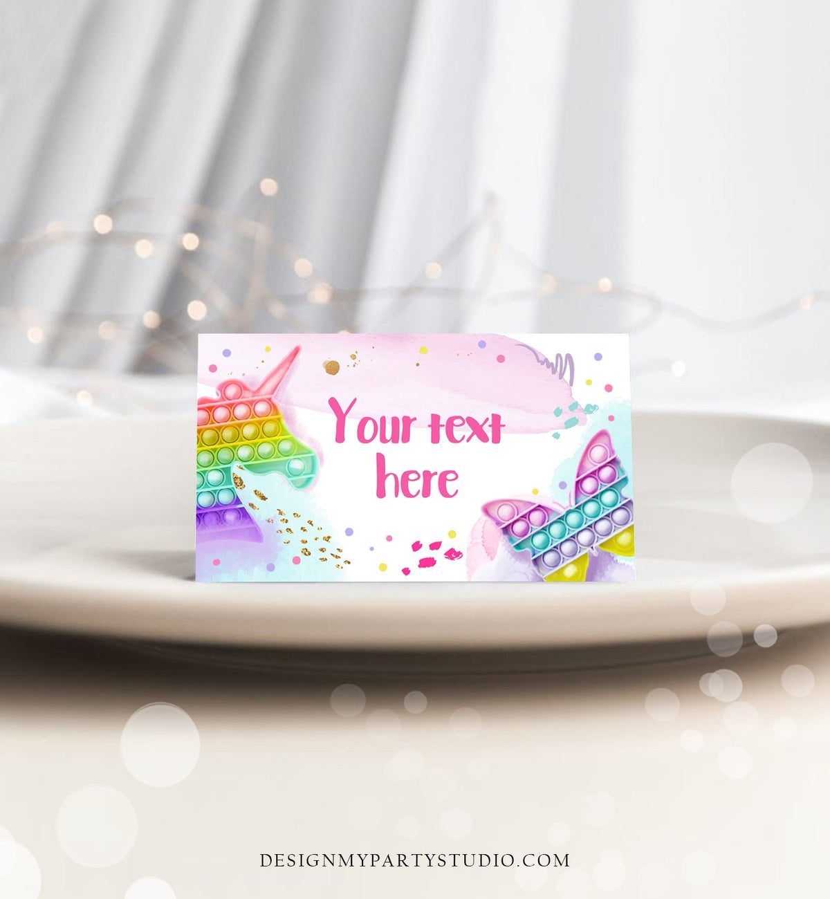 Editable Pop It Party Food Label Fidget Toy Birthday Place Card Tent Card Girl Rainbow Pastel Pop It Birthday Printable Corjl Template 0422