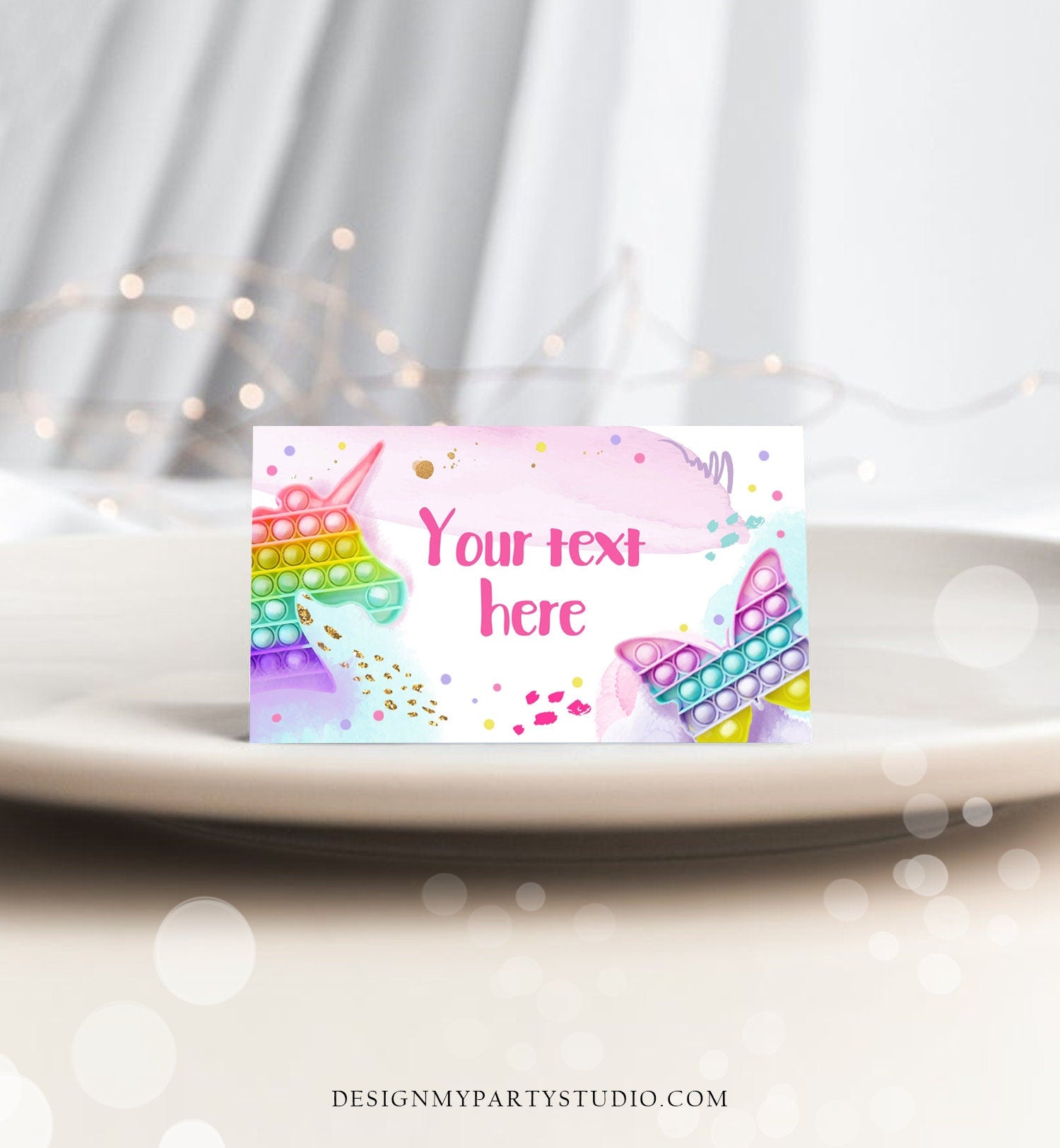 Editable Pop It Party Food Label Fidget Toy Birthday Place Card Tent Card Girl Rainbow Pastel Pop It Birthday Printable Corjl Template 0422