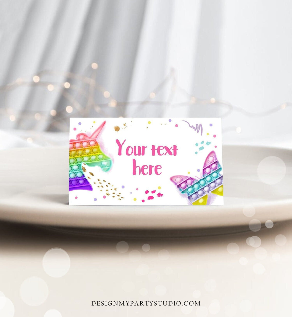 Editable Pop It Party Food Label Fidget Toy Birthday Place Card Tent Card Girl Rainbow Pastel Pop It Birthday Printable Corjl Template 0422