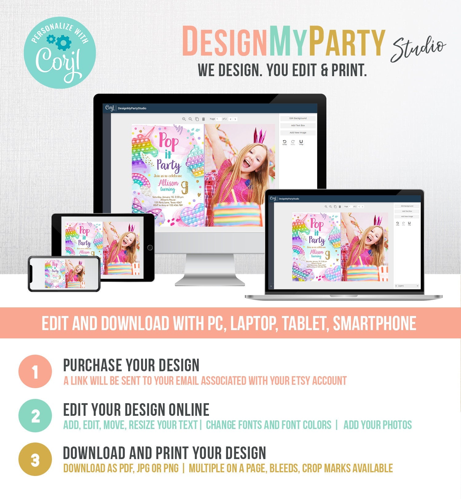 Editable Pop It Birthday Party Invitation Fidget Toy Girl Kids Birthday Rainbow Pastel Unicorn Bubble Download Printable Template Corjl 0422