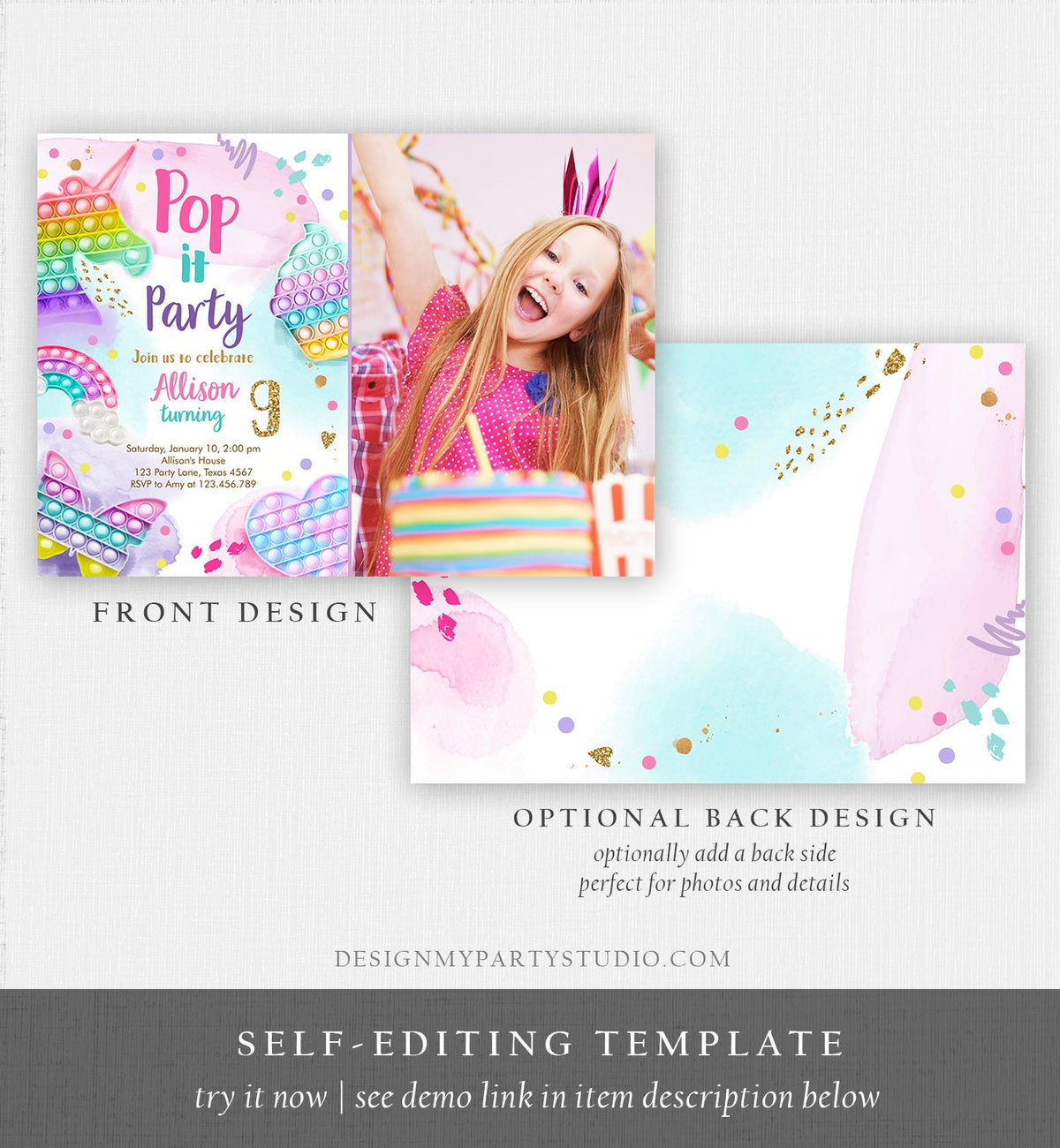 Editable Pop It Birthday Party Invitation Fidget Toy Girl Kids Birthday Rainbow Pastel Unicorn Bubble Download Printable Template Corjl 0422