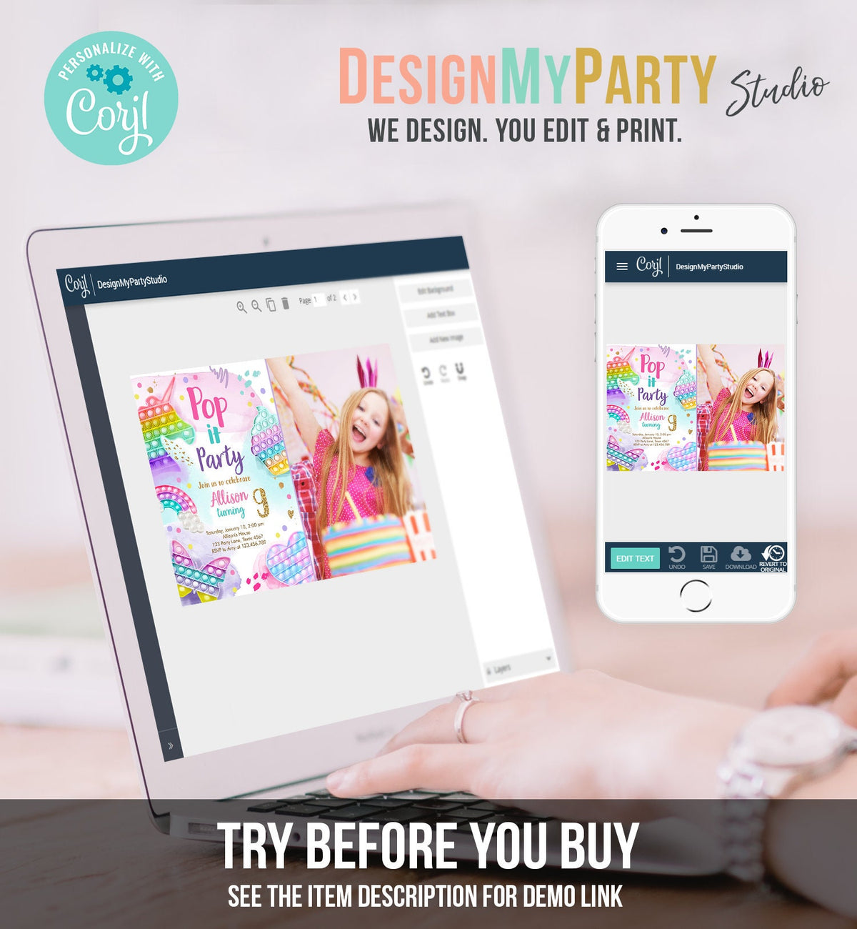 Editable Pop It Birthday Party Invitation Fidget Toy Girl Kids Birthday Rainbow Pastel Unicorn Bubble Download Printable Template Corjl 0422