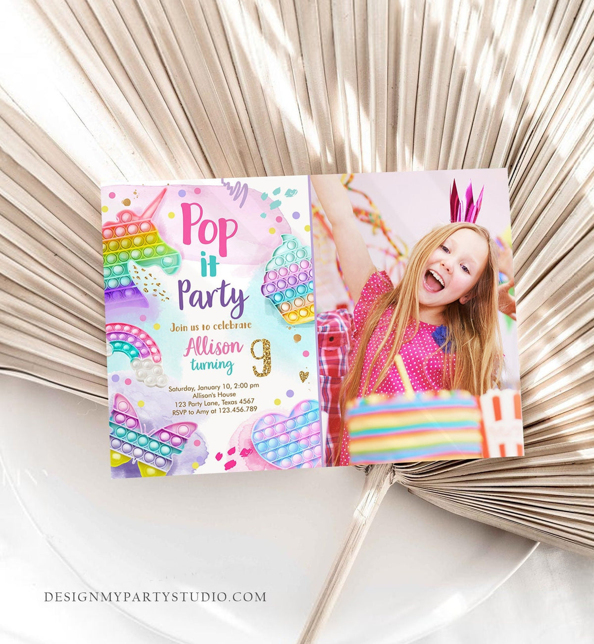 Editable Pop It Birthday Party Invitation Fidget Toy Girl Kids Birthday Rainbow Pastel Unicorn Bubble Download Printable Template Corjl 0422