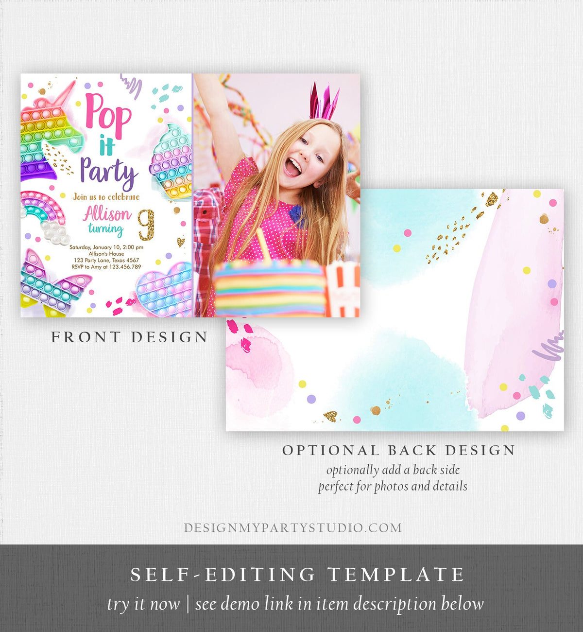 Editable Pop It Birthday Party Invitation Fidget Toy Girl Kids Birthday Rainbow Pastel Unicorn Bubble Download Printable Template Corjl 0422