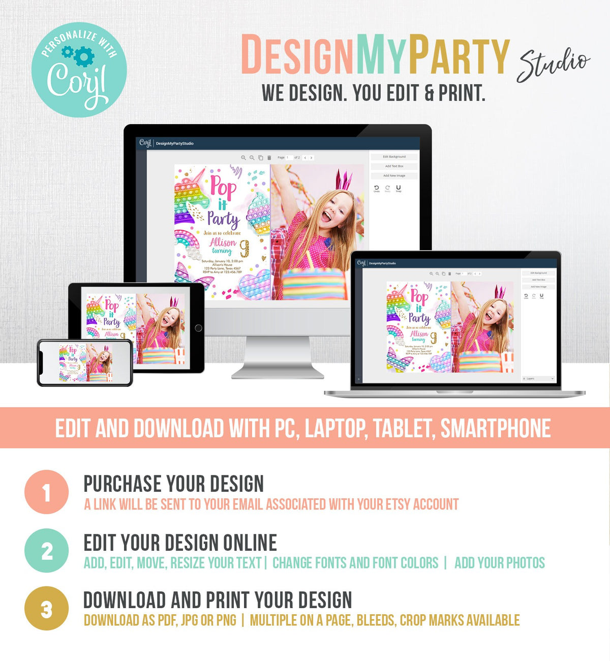 Editable Pop It Birthday Party Invitation Fidget Toy Girl Kids Birthday Rainbow Pastel Unicorn Bubble Download Printable Template Corjl 0422
