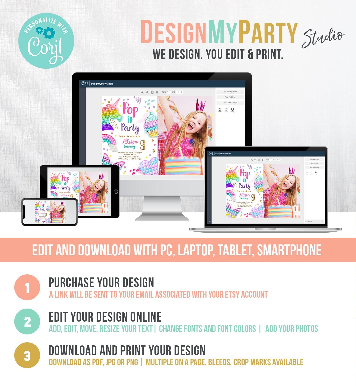 Editable Pop It Birthday Party Invitation Fidget Toy Girl Kids Birthday Rainbow Pastel Unicorn Bubble Download Printable Template Corjl 0422
