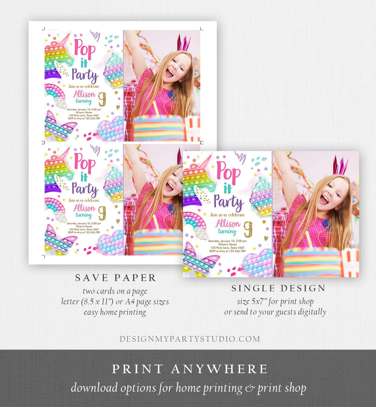 Editable Pop It Birthday Party Invitation Fidget Toy Girl Kids Birthday Rainbow Pastel Unicorn Bubble Download Printable Template Corjl 0422
