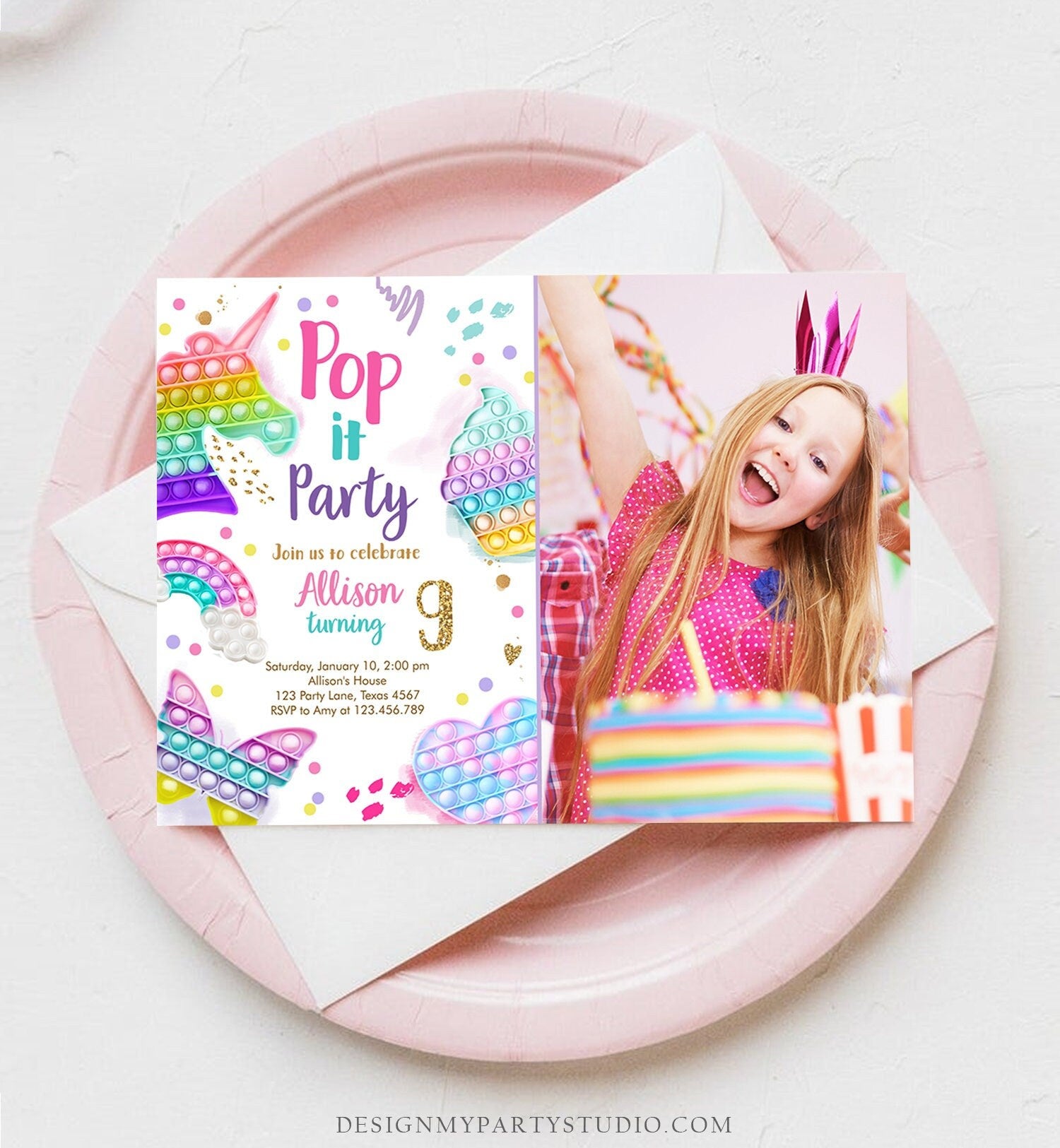 Editable Pop It Birthday Party Invitation Fidget Toy Girl Kids Birthday Rainbow Pastel Unicorn Bubble Download Printable Template Corjl 0422