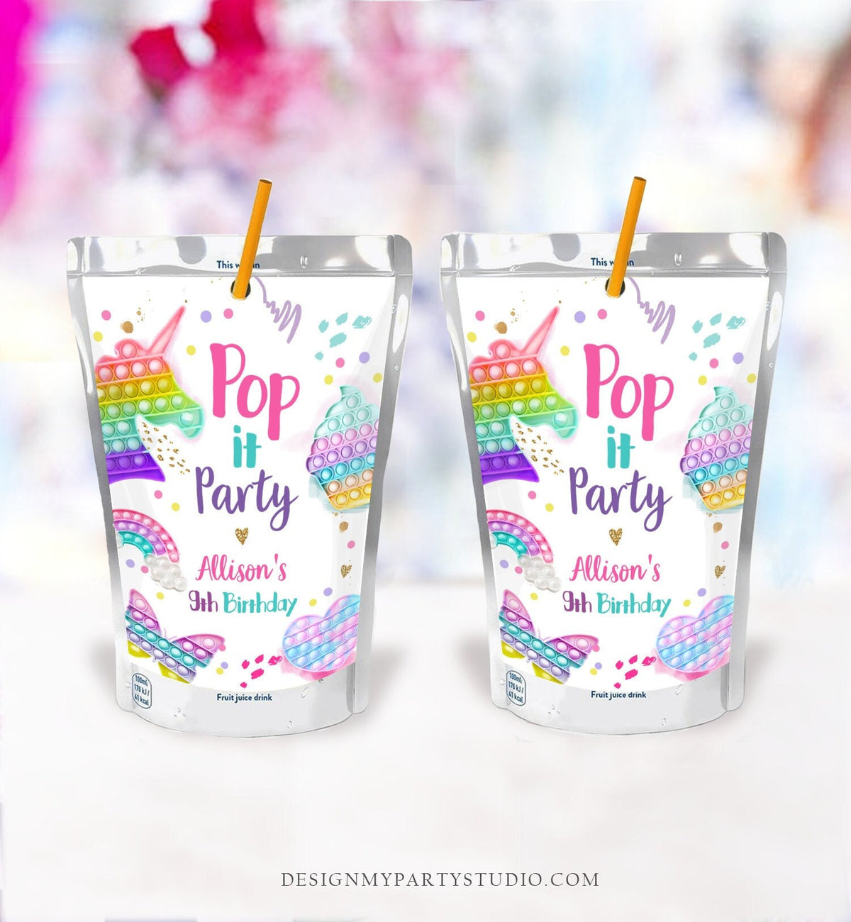 Editable Pop It Birthday Party Pop It Capri Sun Labels Fidget Toy Labels Girl Rainbow Fidget Popit Download Corjl Template Printable 0422