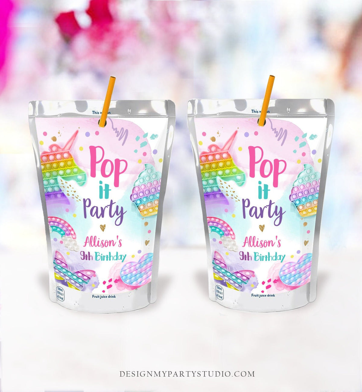Editable Pop It Birthday Party Pop It Capri Sun Labels Fidget Toy Labels Girl Rainbow Fidget Popit Download Corjl Template Printable 0422
