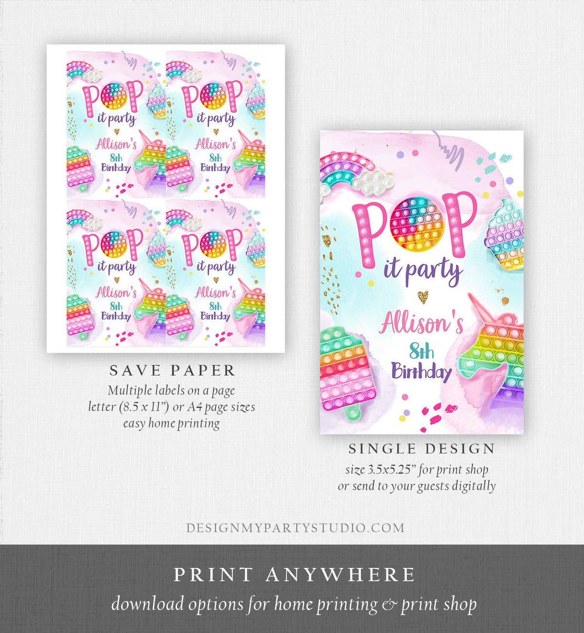 Editable Pop It Birthday Party Pop It Capri Sun Labels Fidget Toy Labels Girl Rainbow Fidget Popit Download Corjl Template Printable 0422