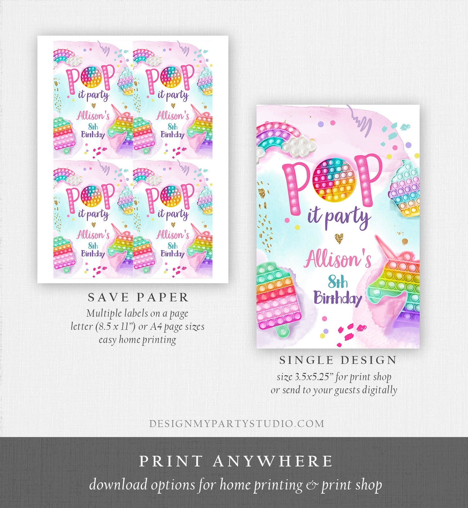 Editable Pop It Birthday Party Pop It Capri Sun Labels Fidget Toy Labels Girl Rainbow Fidget Popit Download Corjl Template Printable 0422