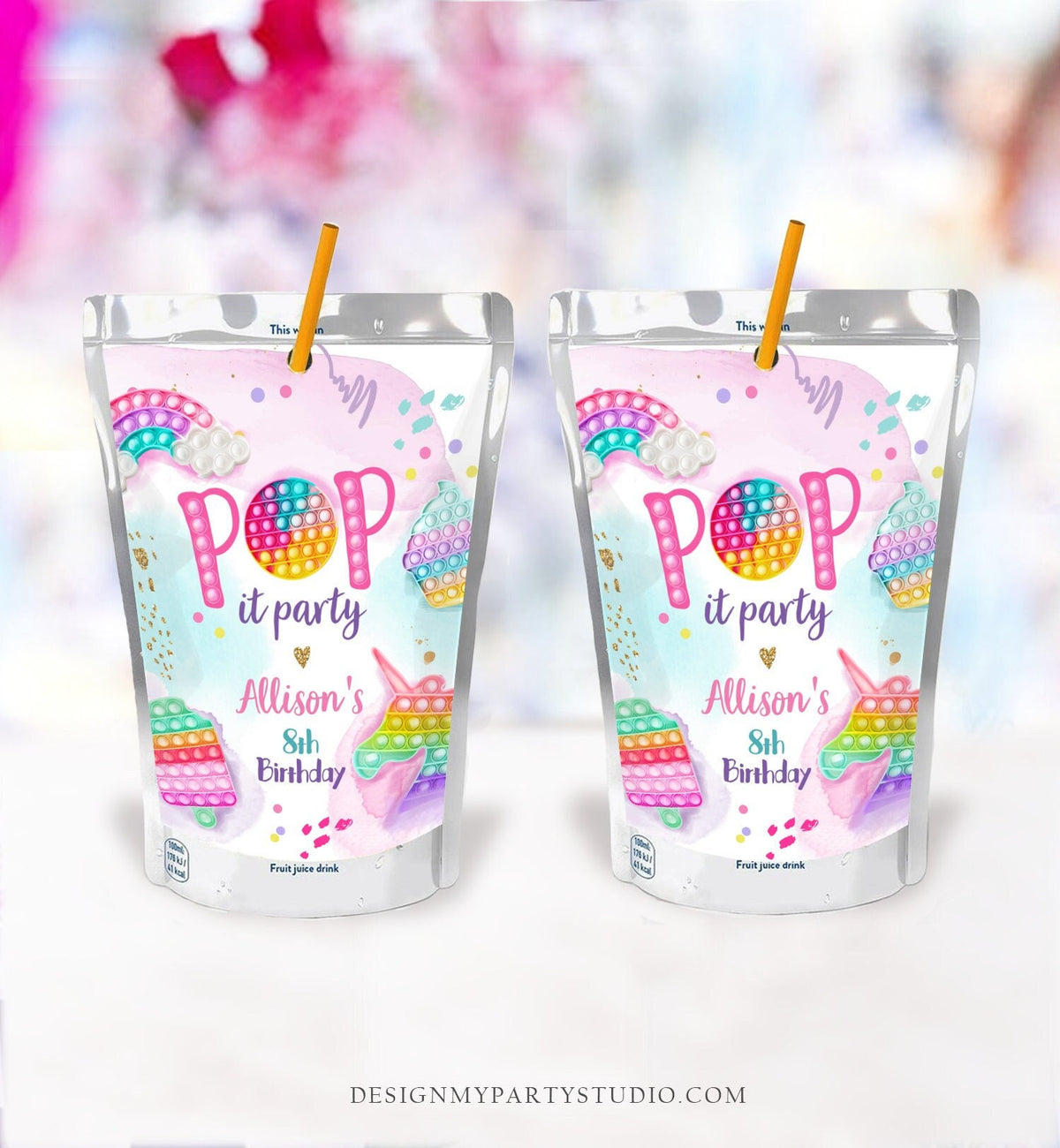 Editable Pop It Birthday Party Pop It Capri Sun Labels Fidget Toy Labels Girl Rainbow Fidget Popit Download Corjl Template Printable 0422