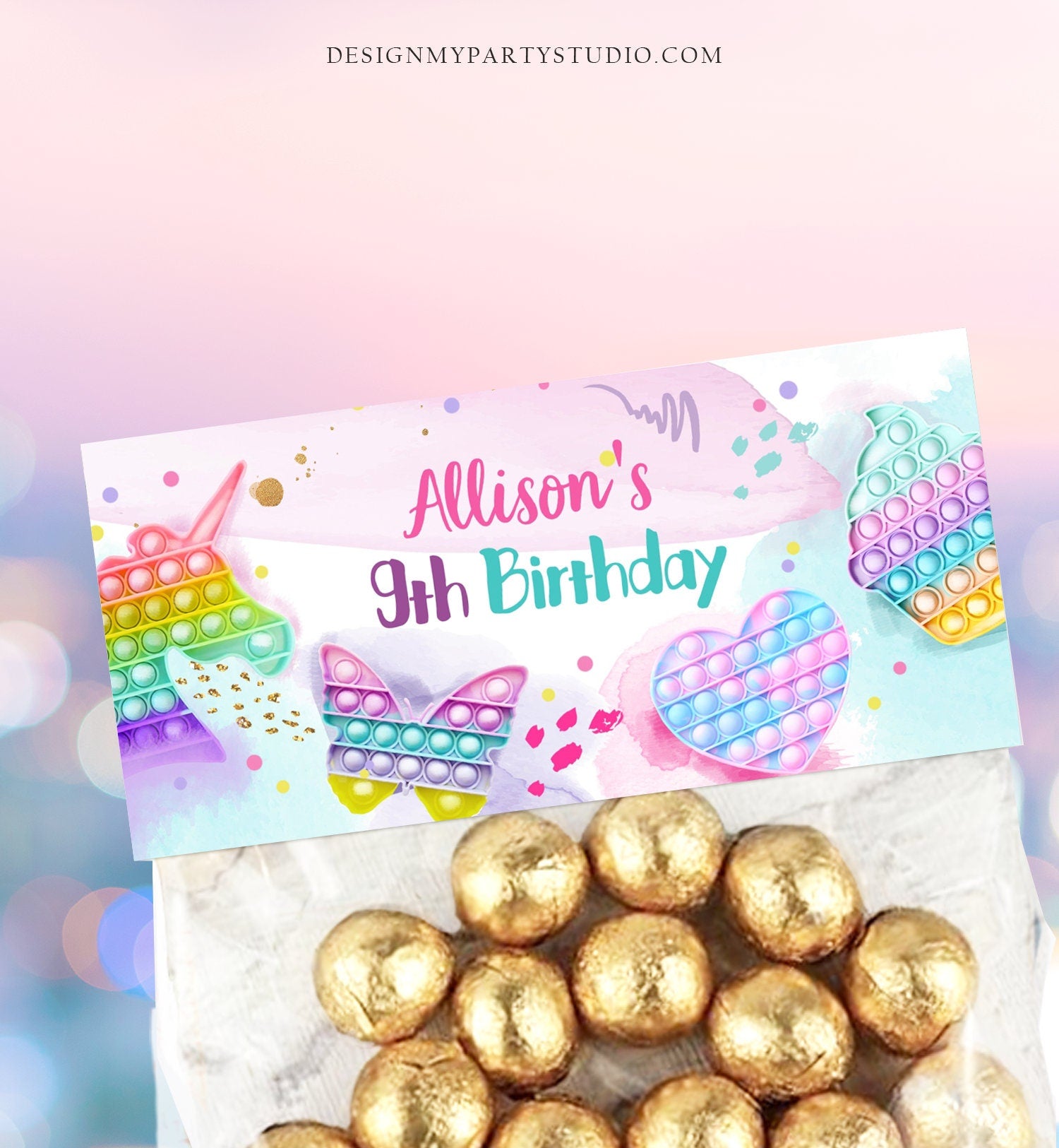 Editable Pop It Treat Bag Toppers Pop It Birthday Favors Girl Fidget Toy Girl Unicorn Rainbow Favor Tags Corjl Template Printable 0422
