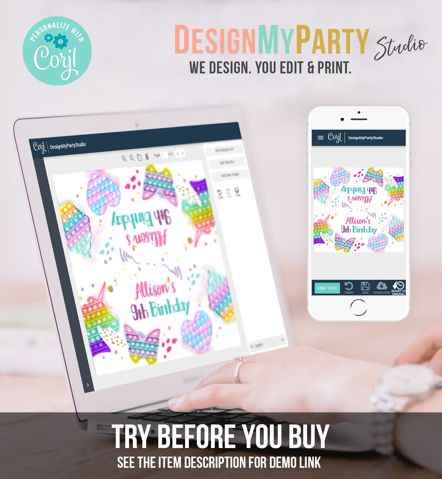 Editable Pop It Treat Bag Toppers Pop It Birthday Favors Girl Fidget Toy Girl Unicorn Rainbow Favor Tags Corjl Template Printable 0422