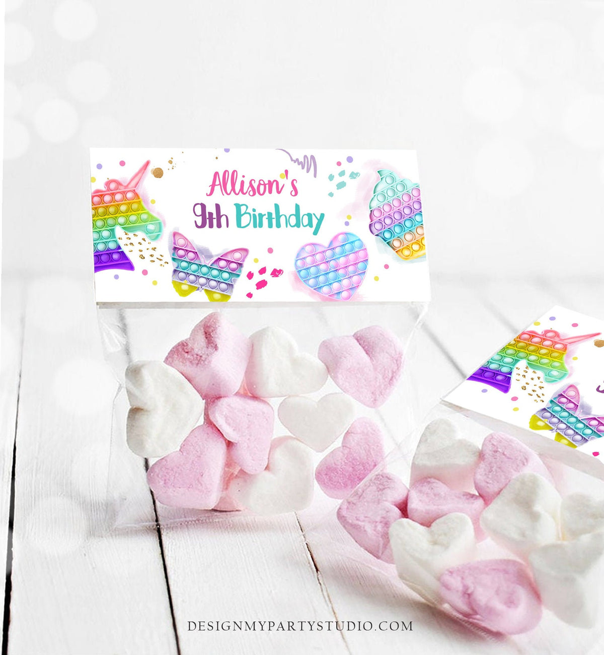 Editable Pop It Treat Bag Toppers Pop It Birthday Favors Girl Fidget Toy Girl Unicorn Rainbow Favor Tags Corjl Template Printable 0422