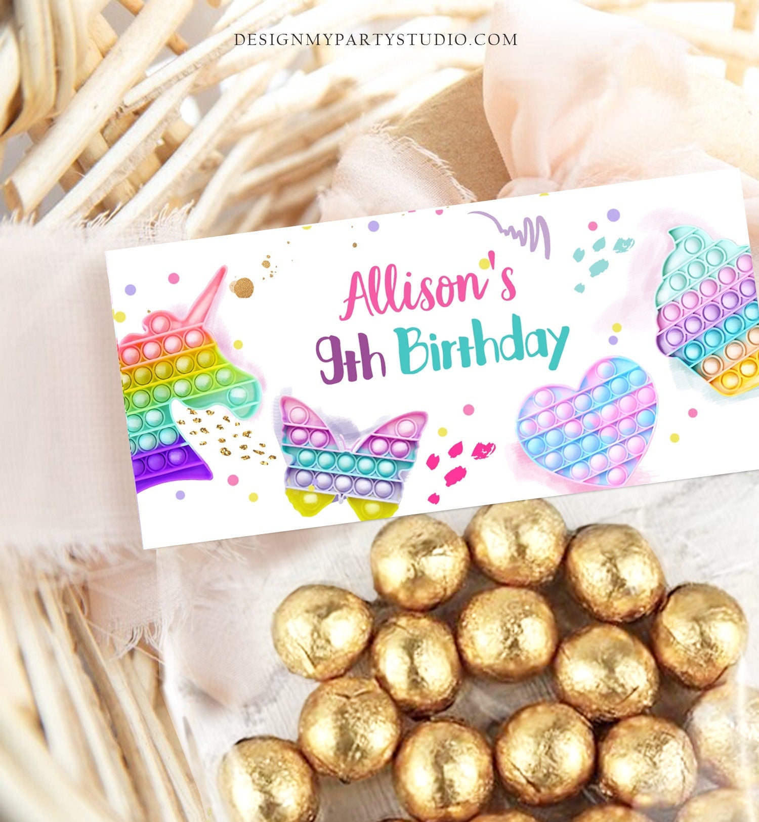 Editable Pop It Treat Bag Toppers Pop It Birthday Favors Girl Fidget Toy Girl Unicorn Rainbow Favor Tags Corjl Template Printable 0422