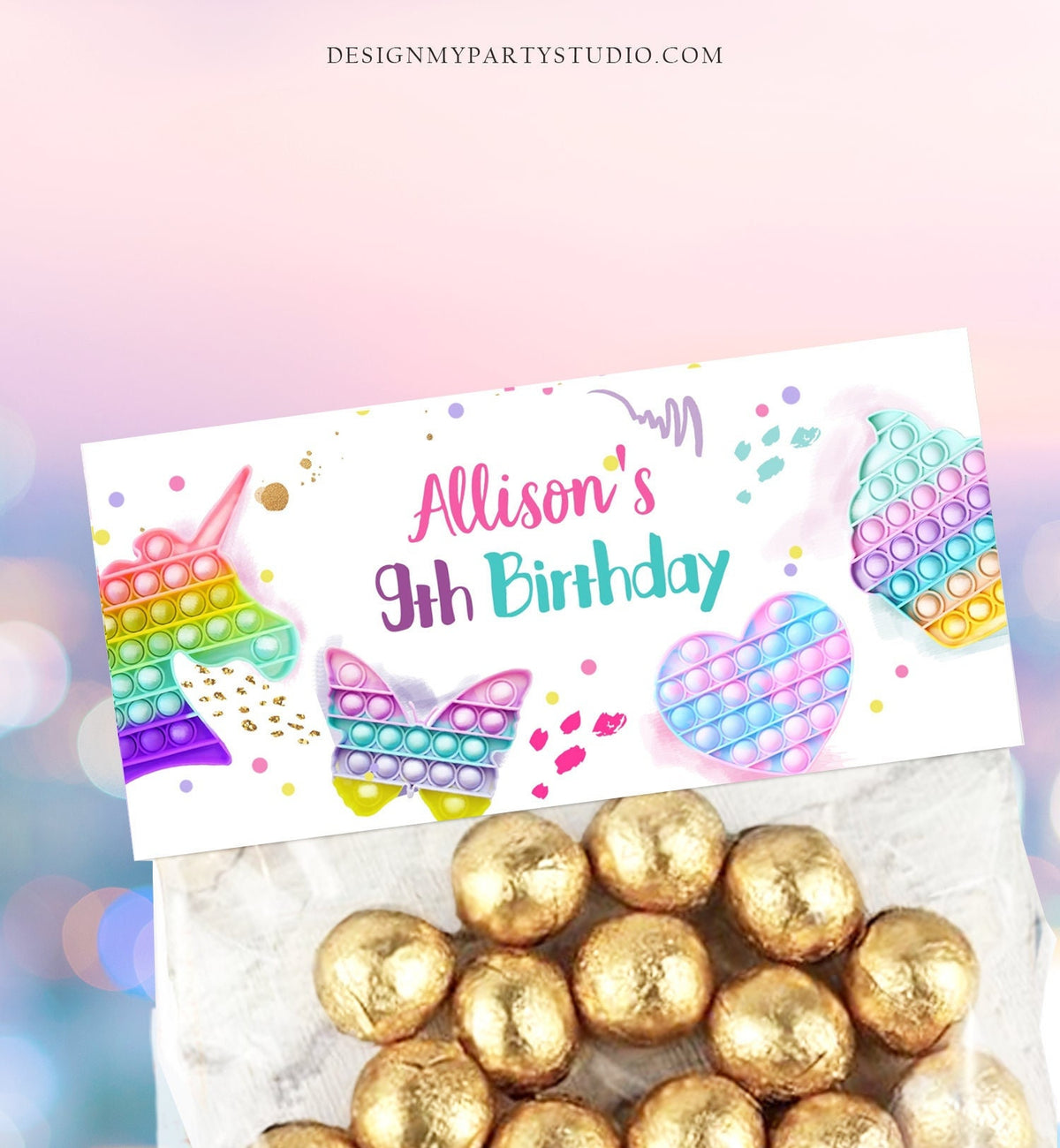 Editable Pop It Treat Bag Toppers Pop It Birthday Favors Girl Fidget Toy Girl Unicorn Rainbow Favor Tags Corjl Template Printable 0422