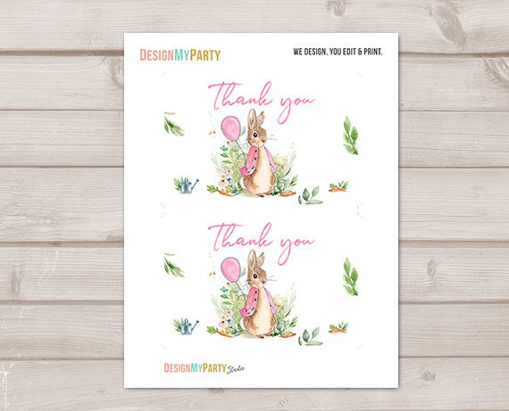 Flopsy Rabbit Thank you Card Peter Rabbit Thank You Note 4x6&quot; Rustic Watercolor Bunny Birthday Girl Pink PRINTABLE Instant Download 0351