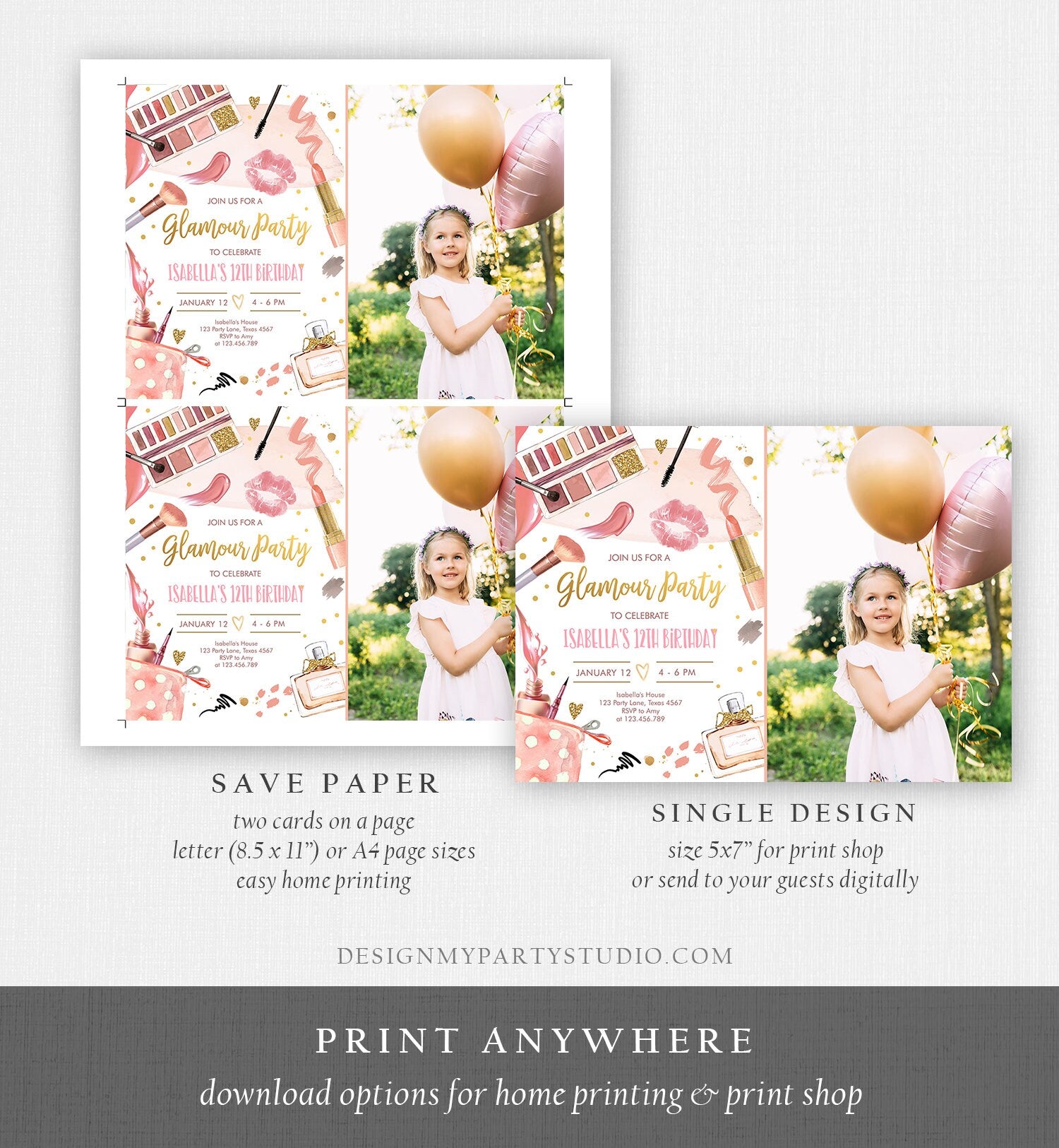 Editable Glamour Birthday Party Glitz and Glam Party Spa Makeup Birthday Invitation Pink Gold Girl Download Printable Template Corjl 0420