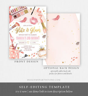 Editable Glitz and Glam Birthday Party Invitation Spa Party Makeup Birthday Invitation Pink Gold Girl Download Printable Template Corjl 0420