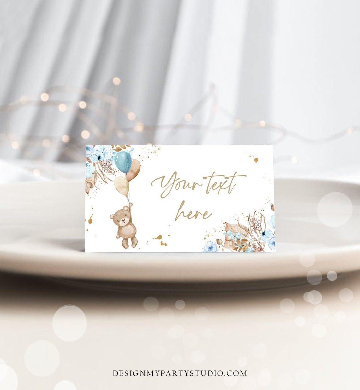 Editable Food Labels Boho Teddy Bear Baby Shower Place Card Tent Card Escort Card Blue Boy Pampas Grass Bearly Wait Template Corjl 0421