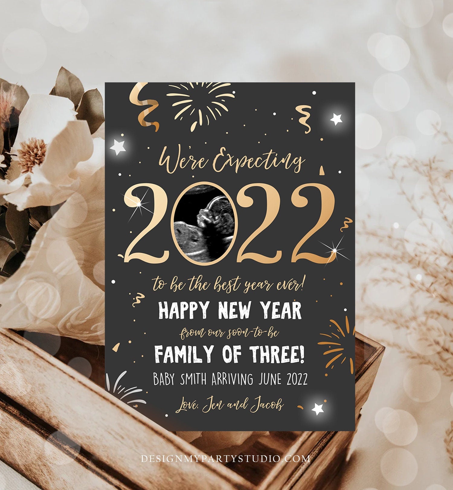 Editable New Year Pregnancy Reveal Card Pregnancy Announcement New Years 2022 Ultrasound Card Instant Download Digital Corjl Template 0280