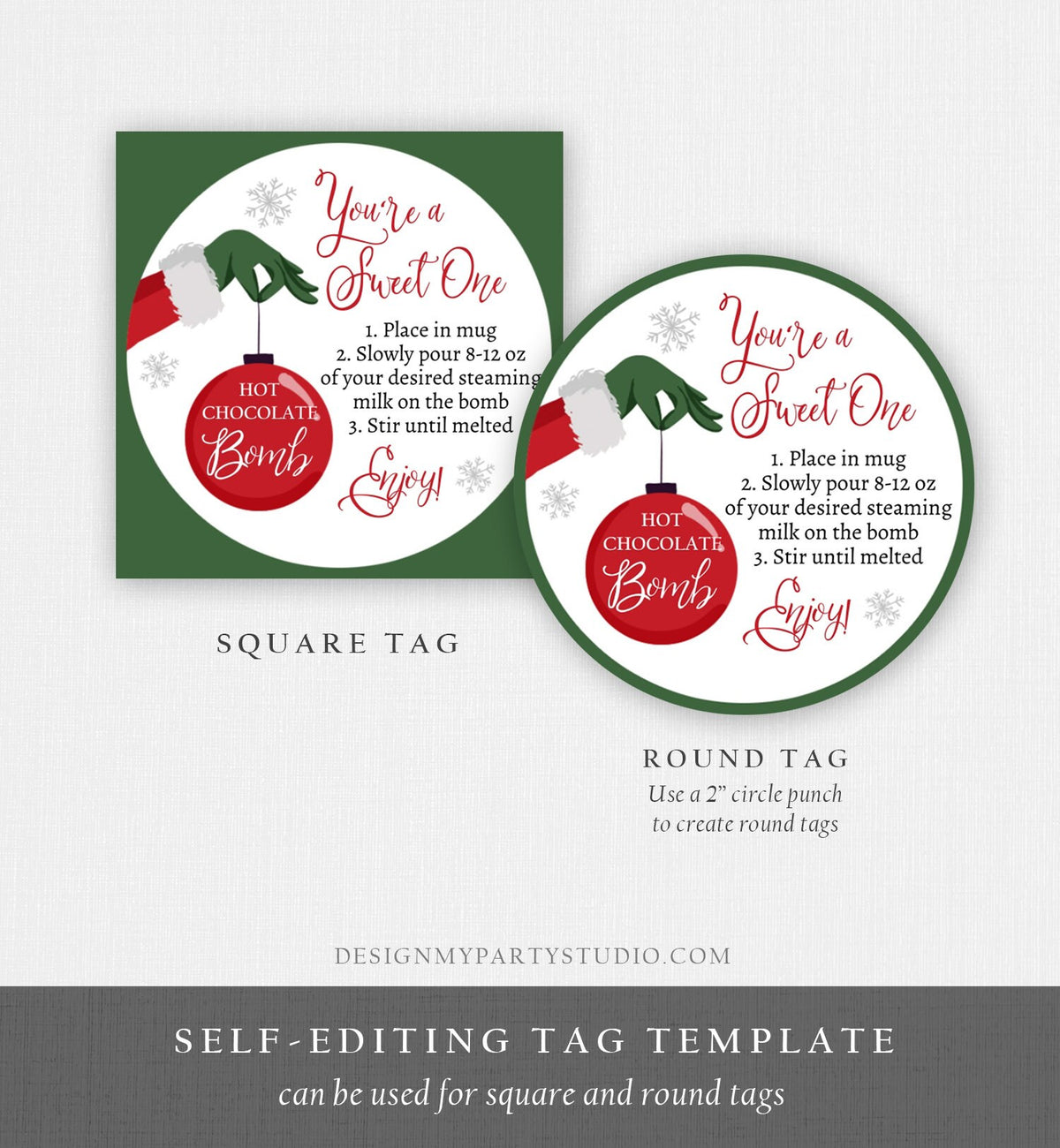 Editable Hot Chocolate Bomb Tags Bomb Instructions Green Red Holiday Favor Tags Winter Christmas You&#39;re a Sweet One Digital PRINTABLE 0353