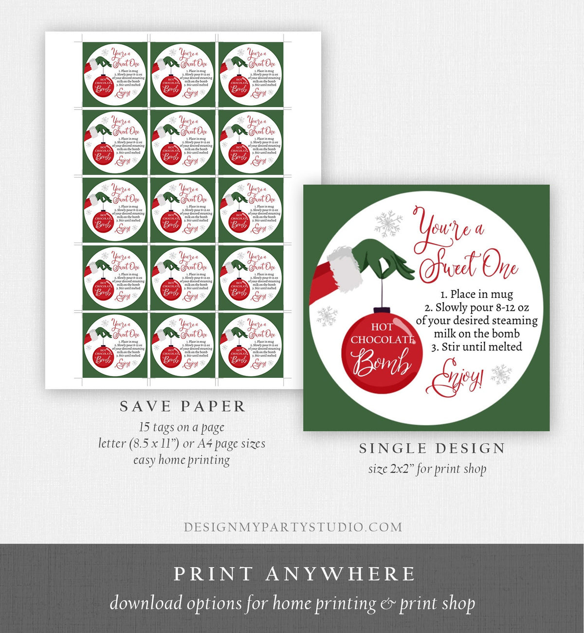 Editable Hot Chocolate Bomb Tags Bomb Instructions Green Red Holiday Favor Tags Winter Christmas You&#39;re a Sweet One Digital PRINTABLE 0353