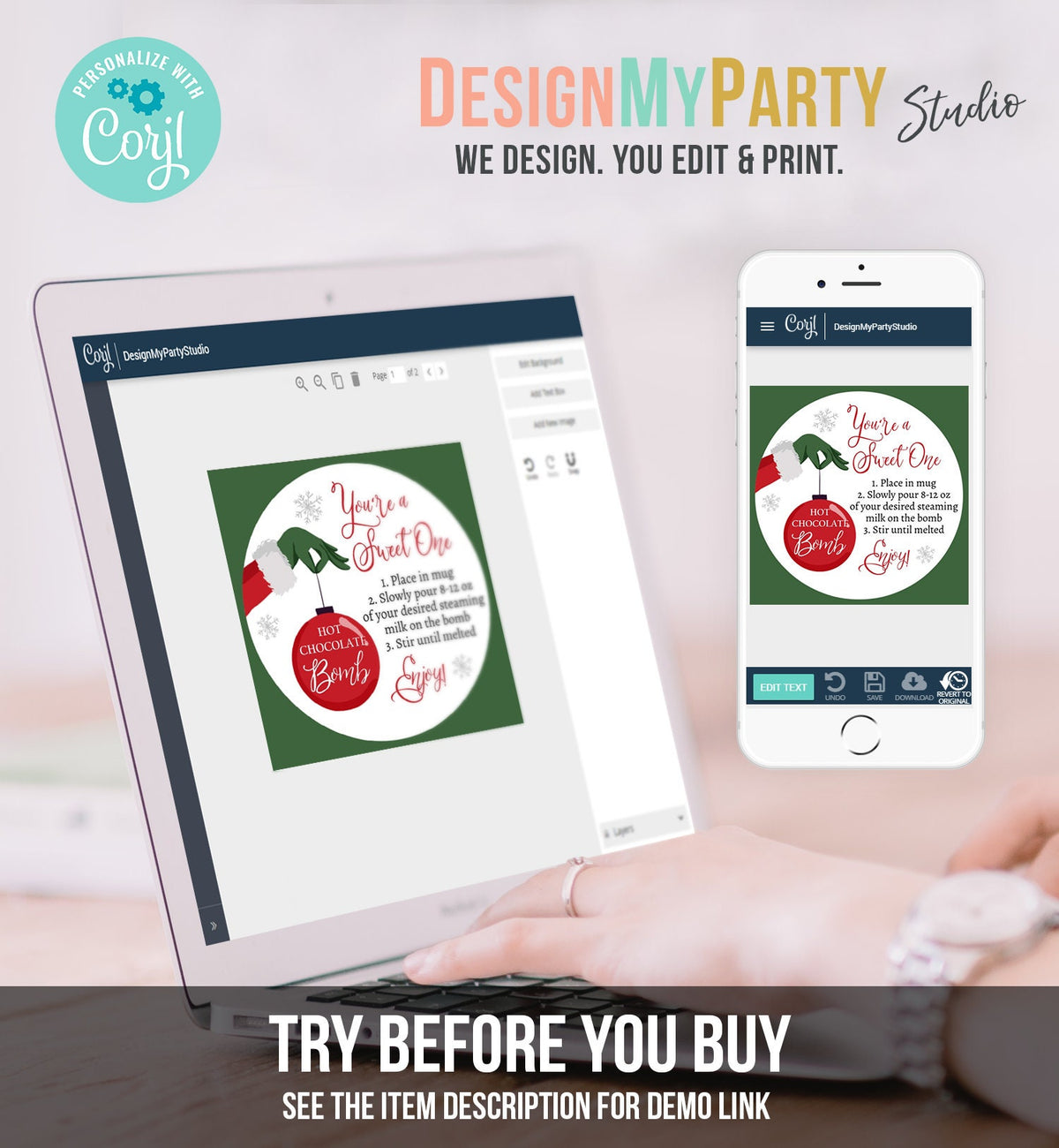 Editable Hot Chocolate Bomb Tags Bomb Instructions Green Red Holiday Favor Tags Winter Christmas You&#39;re a Sweet One Digital PRINTABLE 0353
