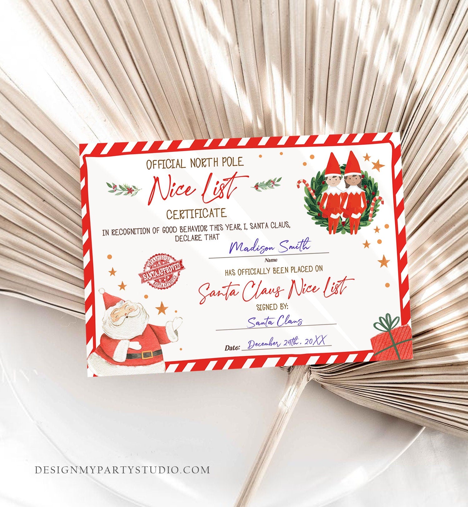 Editable Santa Claus Official Nice List Certificate Letter From Desk Christmas Eve Elves Boy Girl North Pole Corjl Template Printable 0358