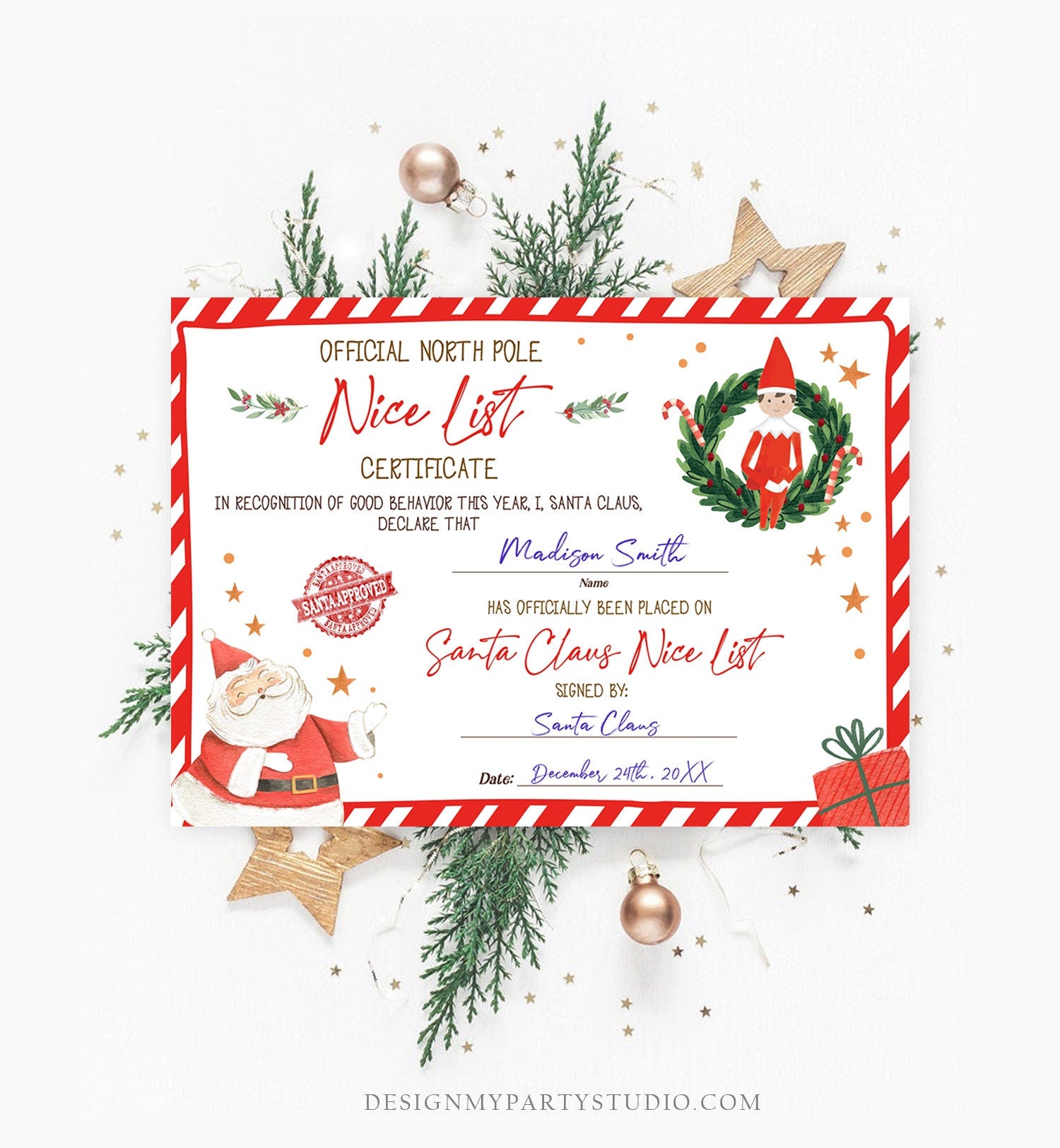 Editable Santa Claus Official Nice List Certificate Letter From Desk Christmas Eve Elves Boy Girl North Pole Corjl Template Printable 0358