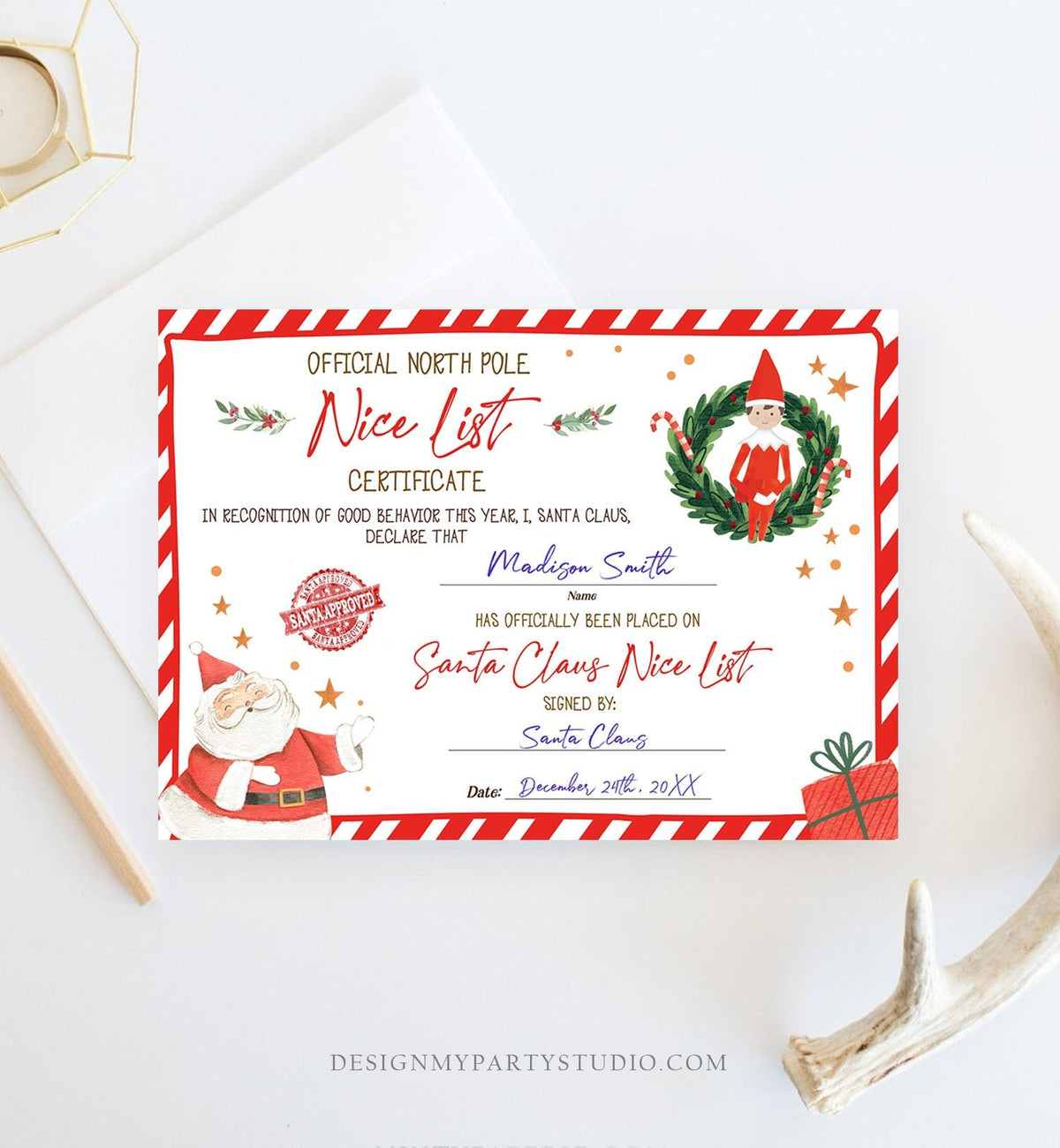Editable Santa Claus Official Nice List Certificate Letter From Desk Christmas Eve Elves Boy Girl North Pole Corjl Template Printable 0358