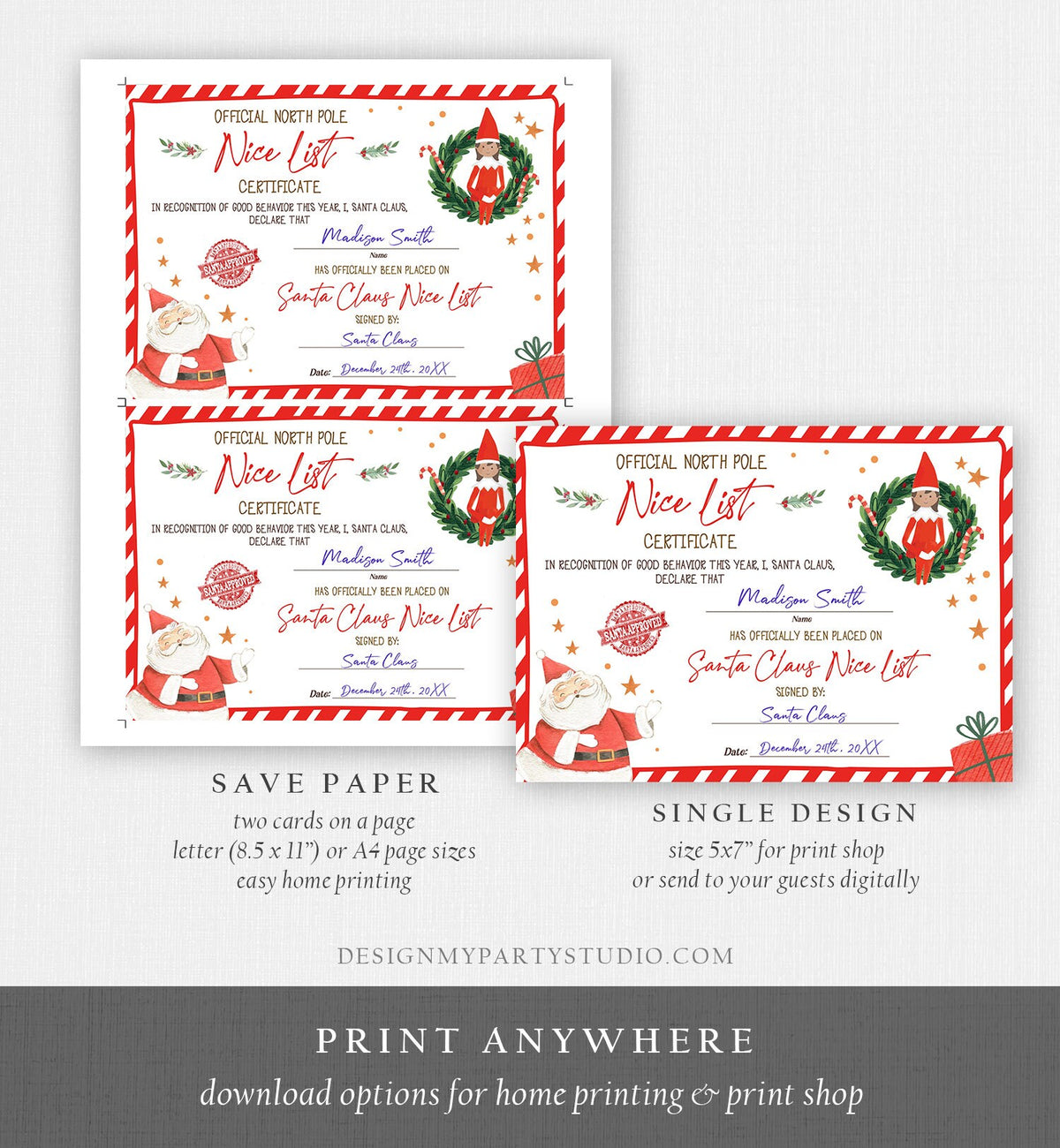Editable Santa Claus Official Nice List Certificate Letter From Desk Christmas Eve Elves Boy Girl North Pole Corjl Template Printable 0358
