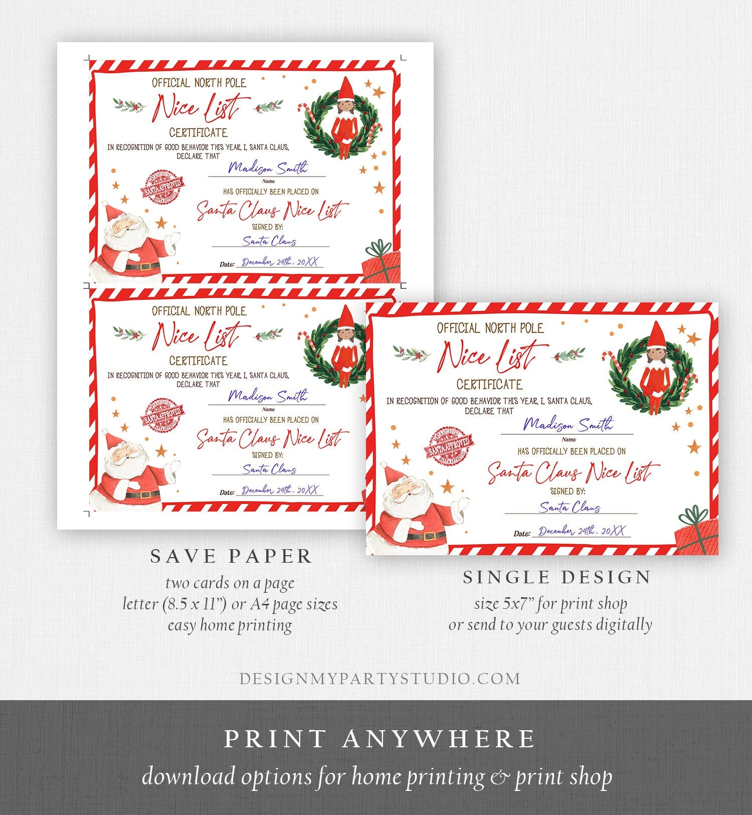 Editable Santa Claus Official Nice List Certificate Letter From Desk Christmas Eve Elves Boy Girl North Pole Corjl Template Printable 0358