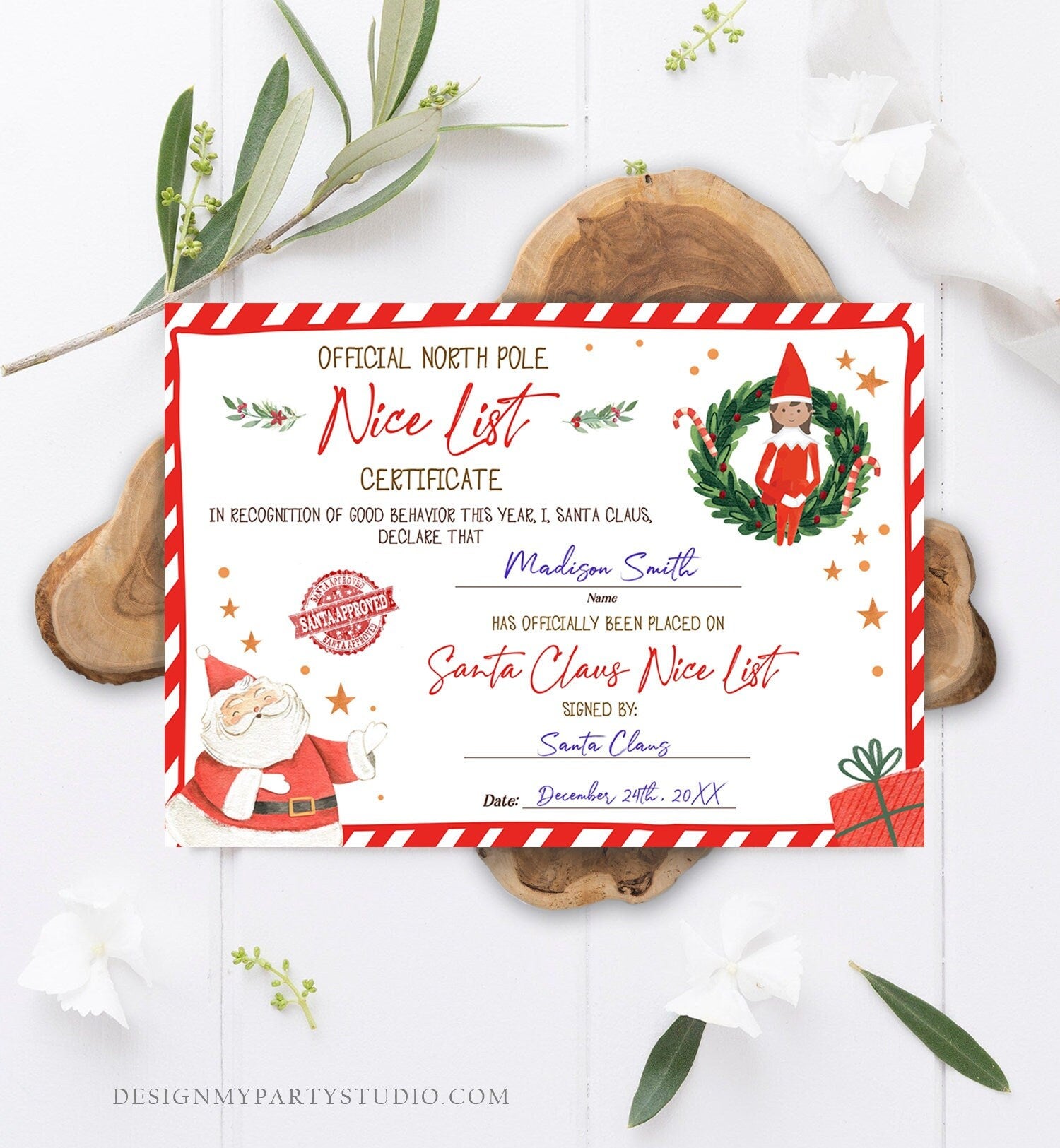 Editable Santa Claus Official Nice List Certificate Letter From Desk Christmas Eve Elves Boy Girl North Pole Corjl Template Printable 0358