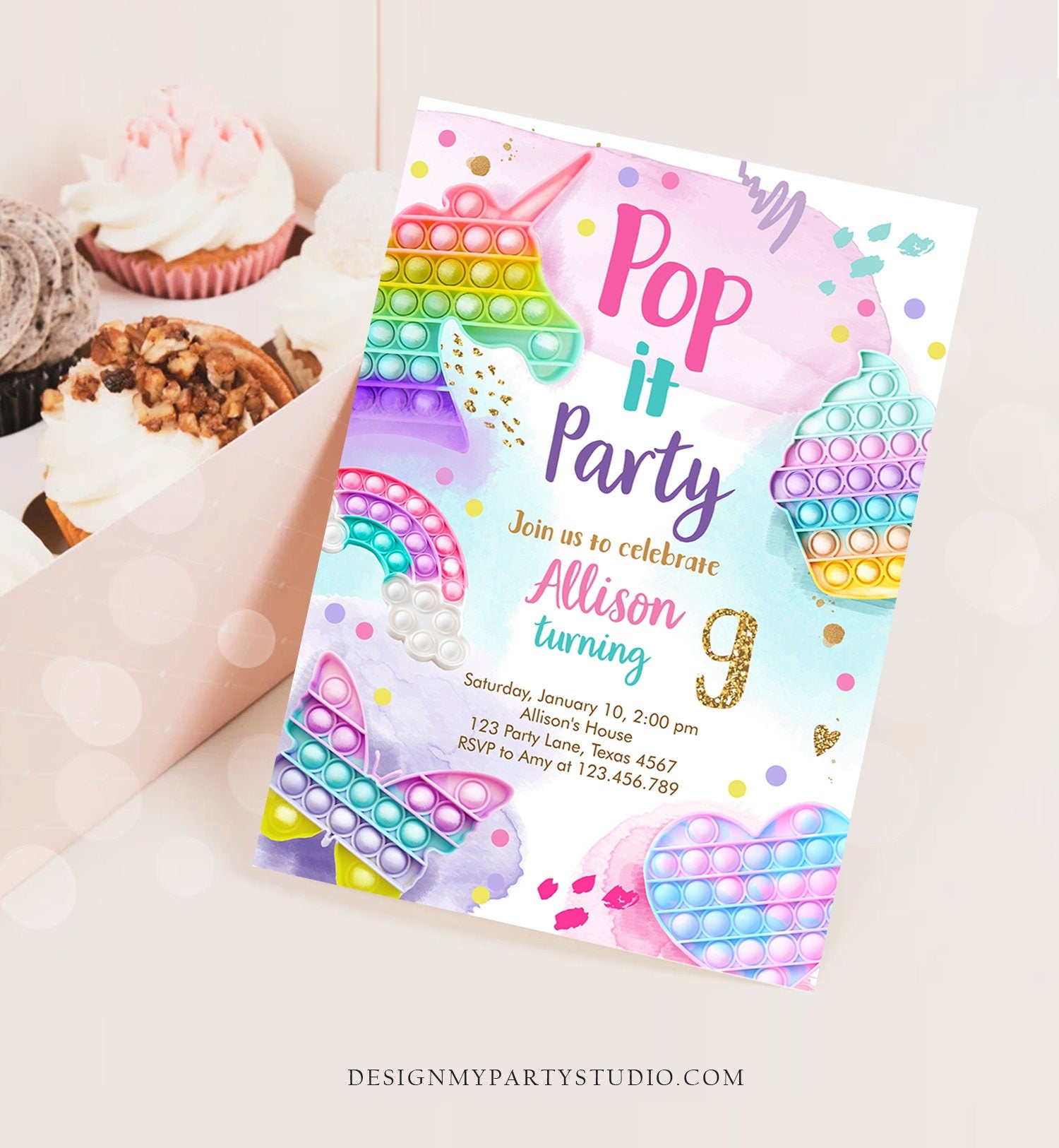 Editable Pop It Birthday Party Invitation Fidget Toy Girl Kids Birthday Rainbow Pastel Unicorn Bubble Download Printable Template Corjl 0422
