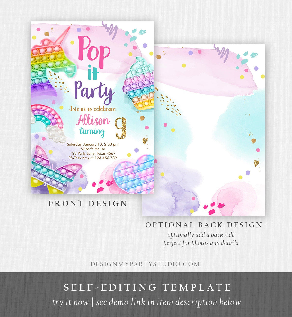 Editable Pop It Birthday Party Invitation Fidget Toy Girl Kids Birthday Rainbow Pastel Unicorn Bubble Download Printable Template Corjl 0422