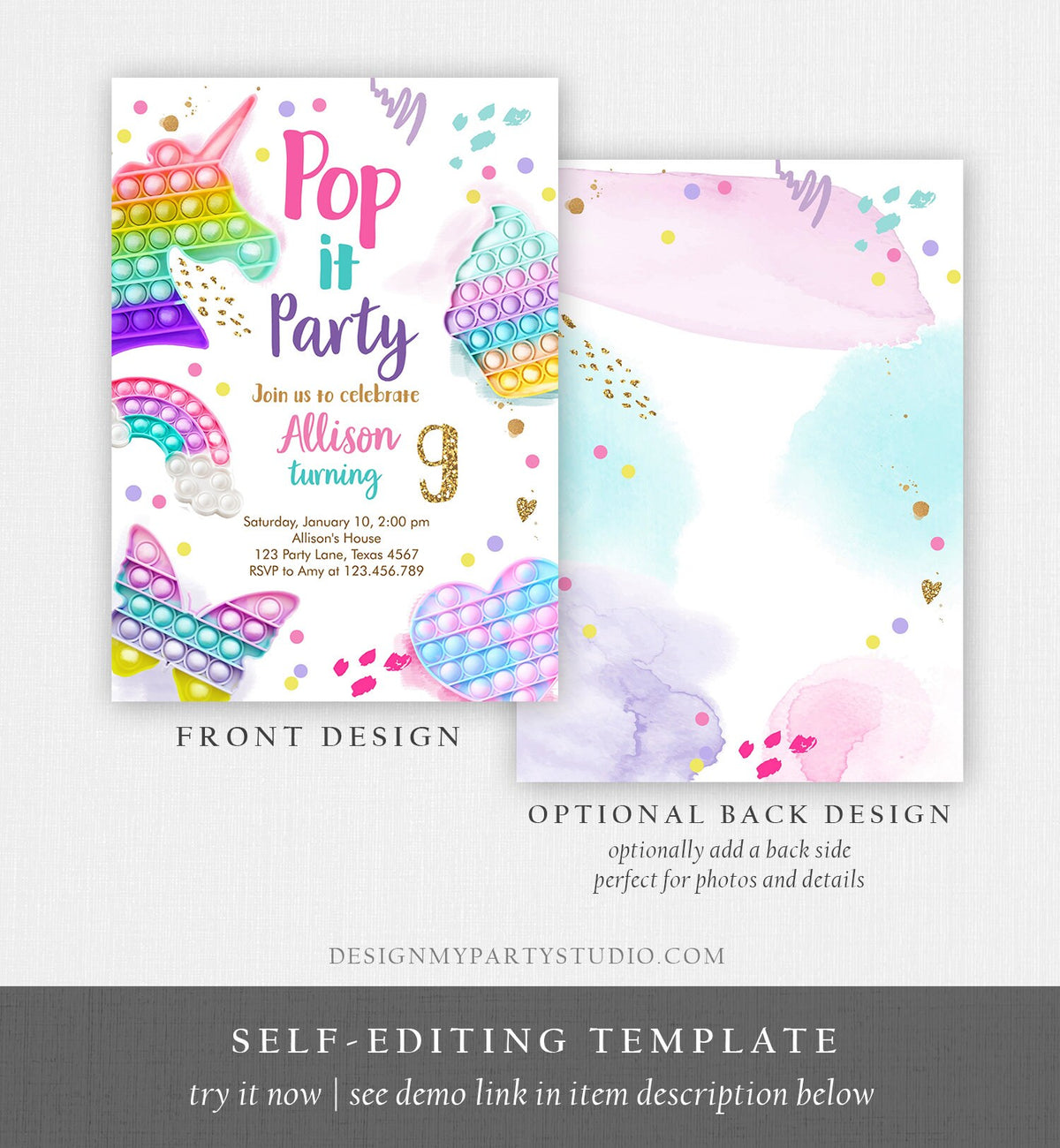 Editable Pop It Birthday Party Invitation Fidget Toy Girl Kids Birthday Rainbow Pastel Unicorn Bubble Download Printable Template Corjl 0422