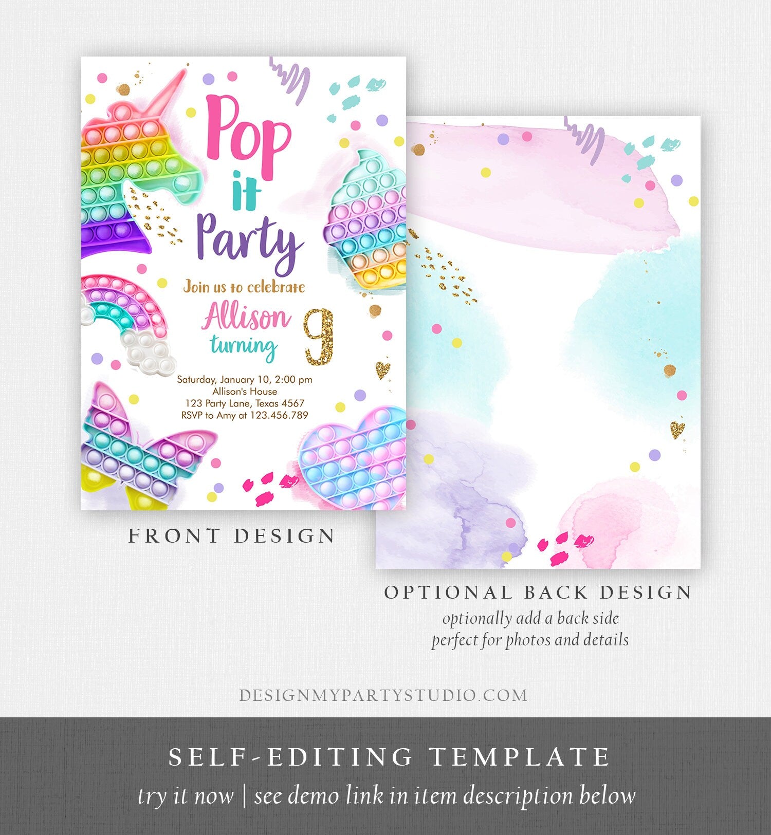 Editable Pop It Birthday Party Invitation Fidget Toy Girl Kids Birthday Rainbow Pastel Unicorn Bubble Download Printable Template Corjl 0422
