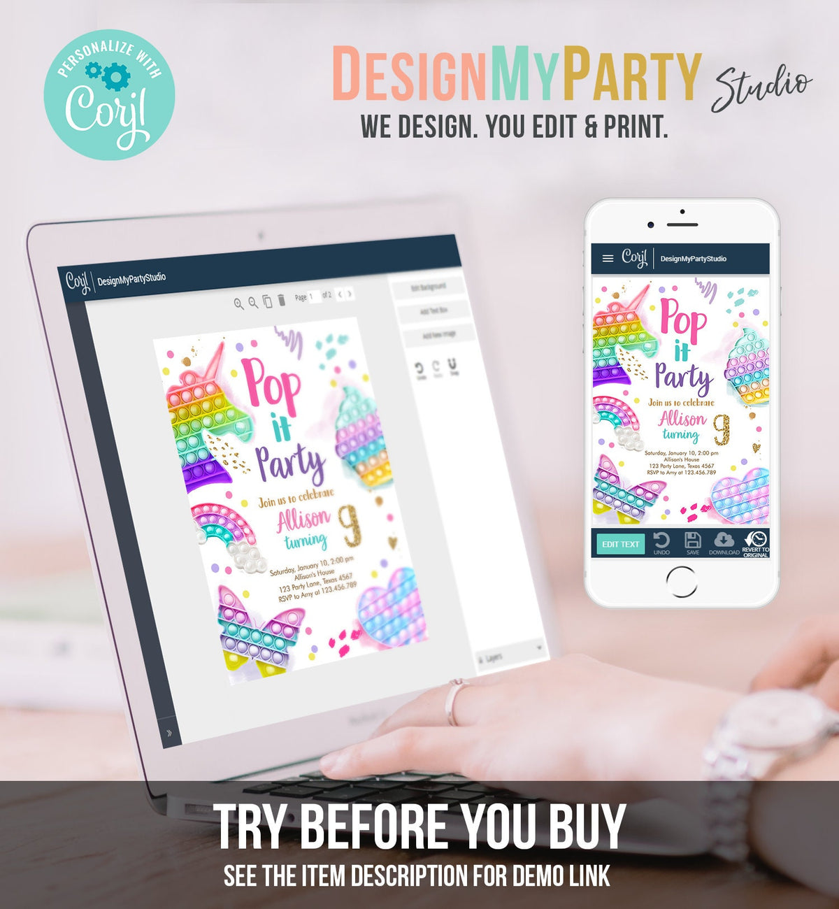 Editable Pop It Birthday Party Invitation Fidget Toy Girl Kids Birthday Rainbow Pastel Unicorn Bubble Download Printable Template Corjl 0422