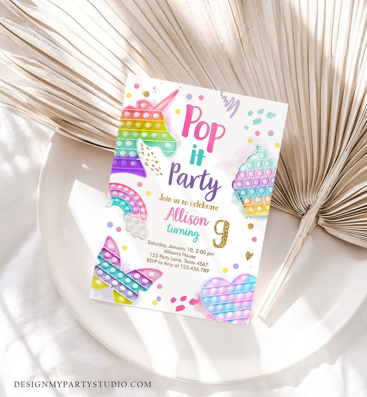 Editable Pop It Birthday Party Invitation Fidget Toy Girl Kids Birthday Rainbow Pastel Unicorn Bubble Download Printable Template Corjl 0422