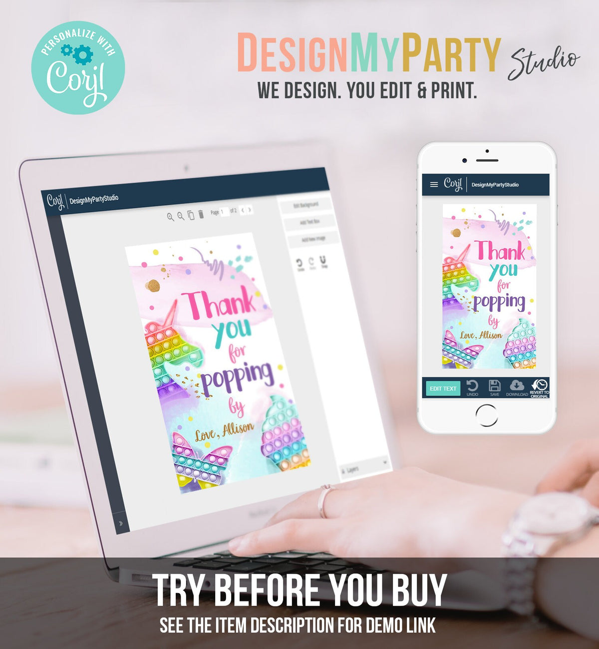 Editable Fidget Party Favor Tags Pop it Party Thank You Tag Gift Tag Popit Birthday Girl Popping By Label Corjl Template Printable 0422