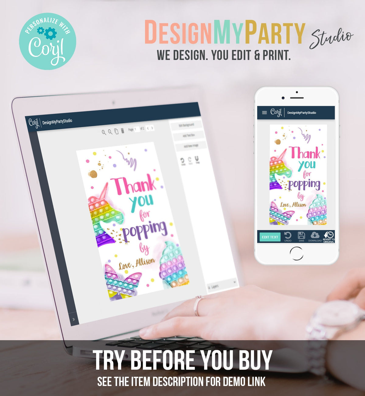 Editable Fidget Party Favor Tags Pop it Party Thank You Tag Gift Tag Popit Birthday Girl Popping By Label Corjl Template Printable 0422