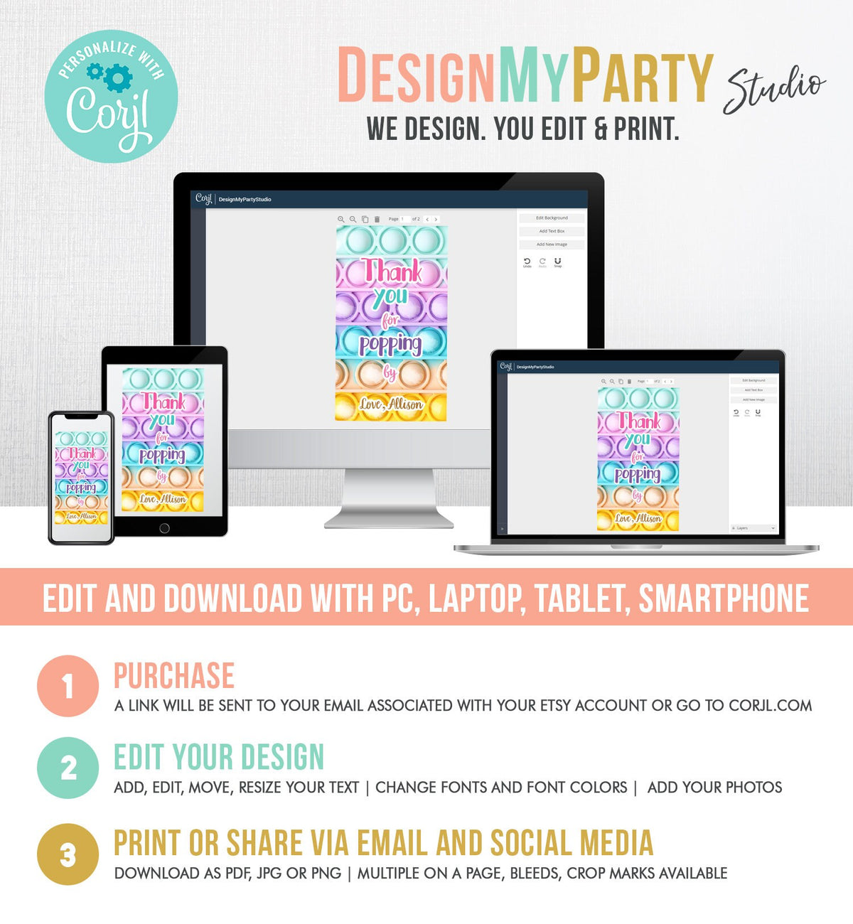 Editable Fidget Party Favor Tags Pop it Party Thank You Tag Gift Tag Popit Birthday Girl Popping By Label Corjl Template Printable 0422