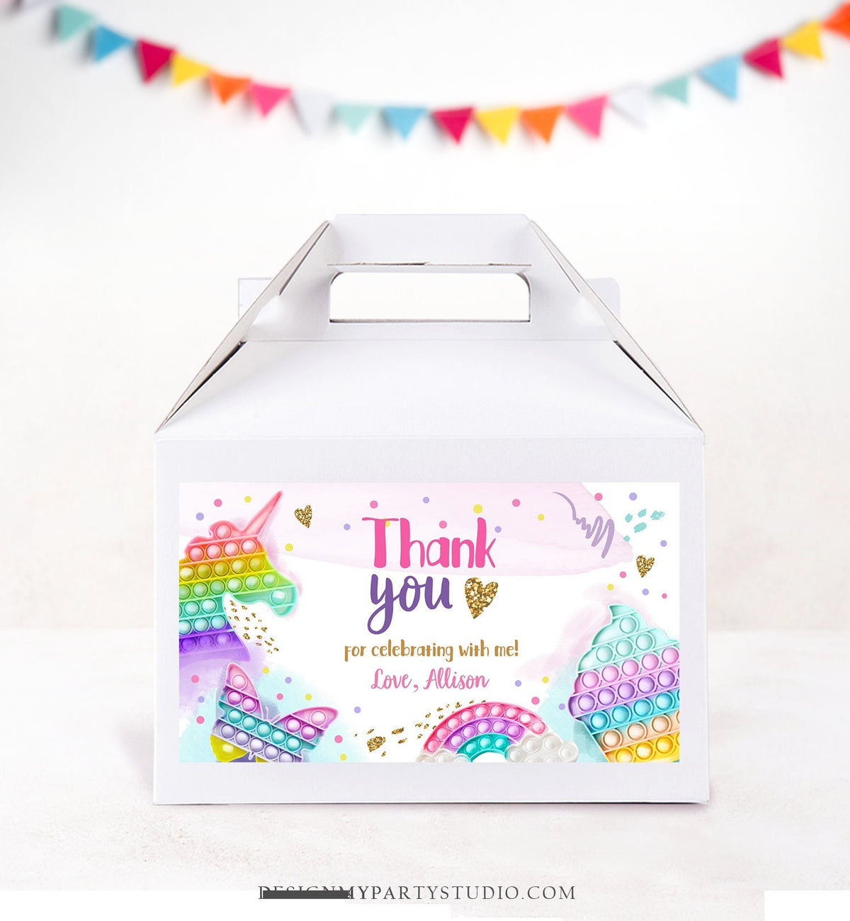 Editable Pop It Birthday Gable Gift Box Label Rainbow Fidget Toy Favors Girl Treat Box Label Bubble Squishy Download Printable Corjl 0422