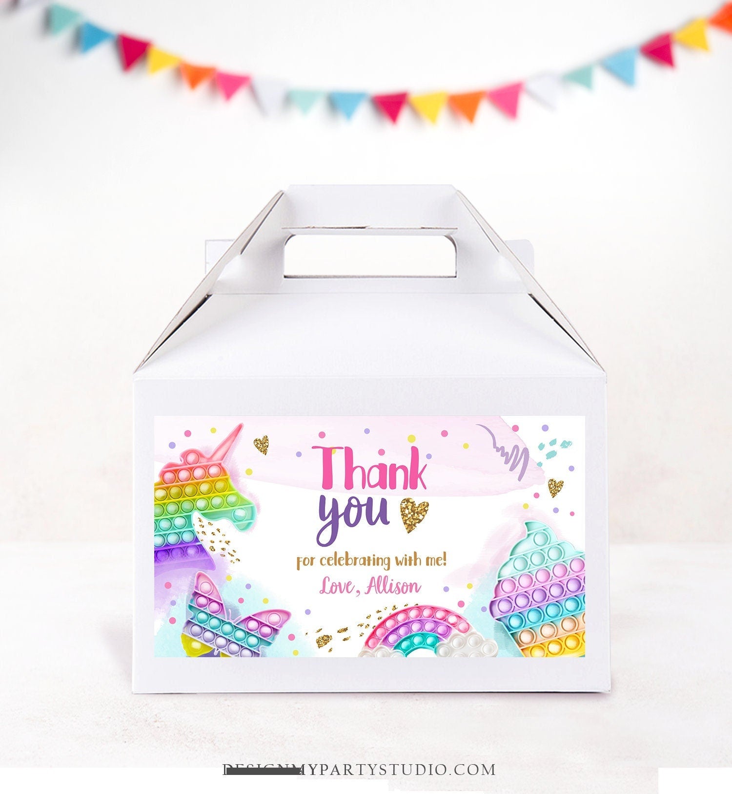 Editable Pop It Birthday Gable Gift Box Label Rainbow Fidget Toy Favors Girl Treat Box Label Bubble Squishy Download Printable Corjl 0422