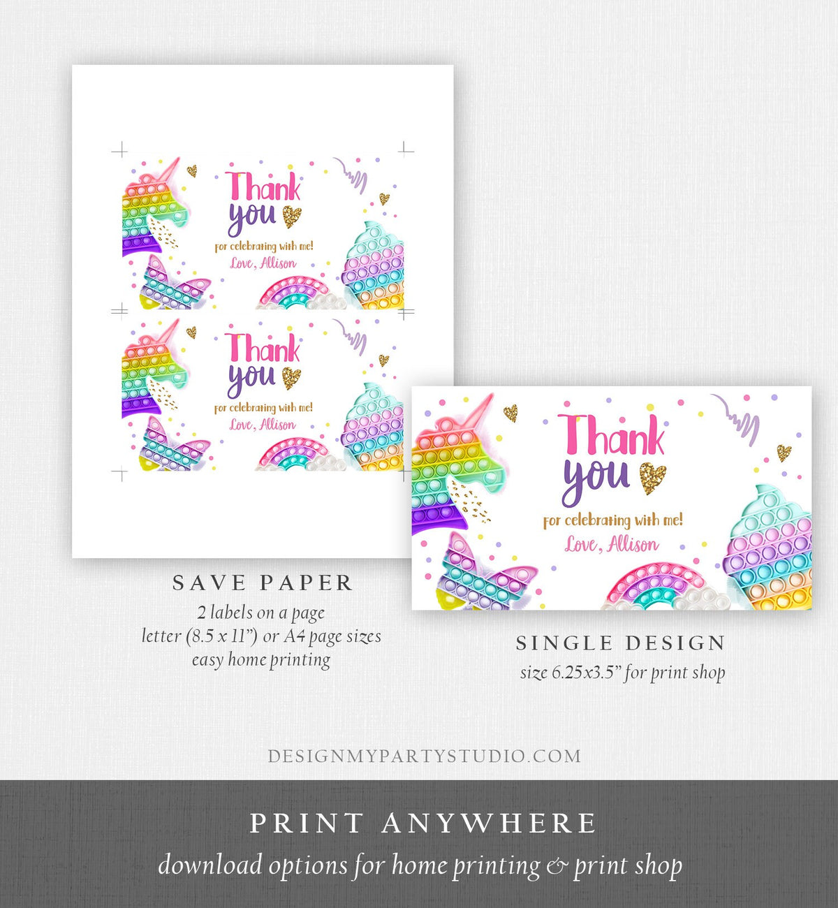Editable Pop It Birthday Gable Gift Box Label Rainbow Fidget Toy Favors Girl Treat Box Label Bubble Squishy Download Printable Corjl 0422